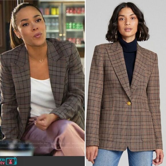 A.L.C Hicks Blazer Brown Bordeaux Blue Gold Plaid One-Button Size 14 - Picture 13 of 14